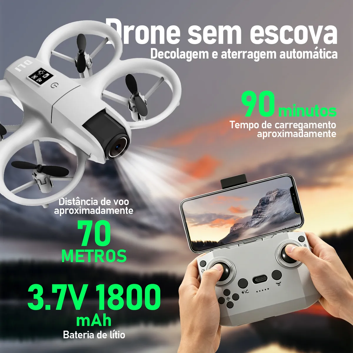 Drone DLI-NEO em voo sendo pilotado por controle remoto com smartphone acoplado, destacando bateria de 1800mAh e 70 metros de alcance