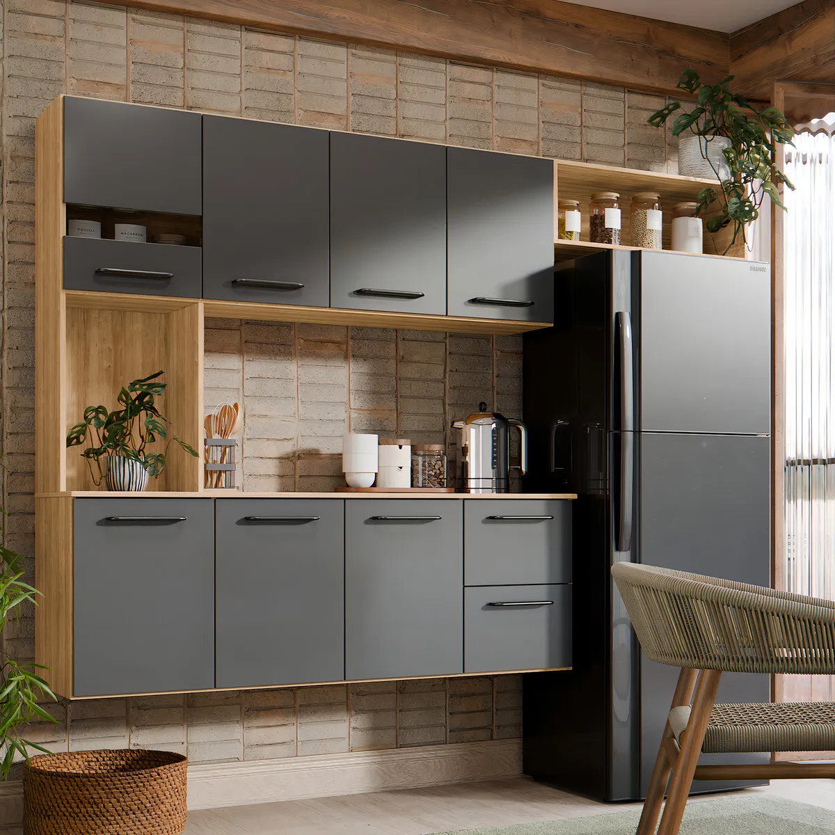 Armário de Cozinha Completo Juliana 7 Portas 2 Gavetas Compacto Planejado Moderno para Cozinha Pequena, Nichos Funcionais, Acabamento UV, Espaço para Eletros