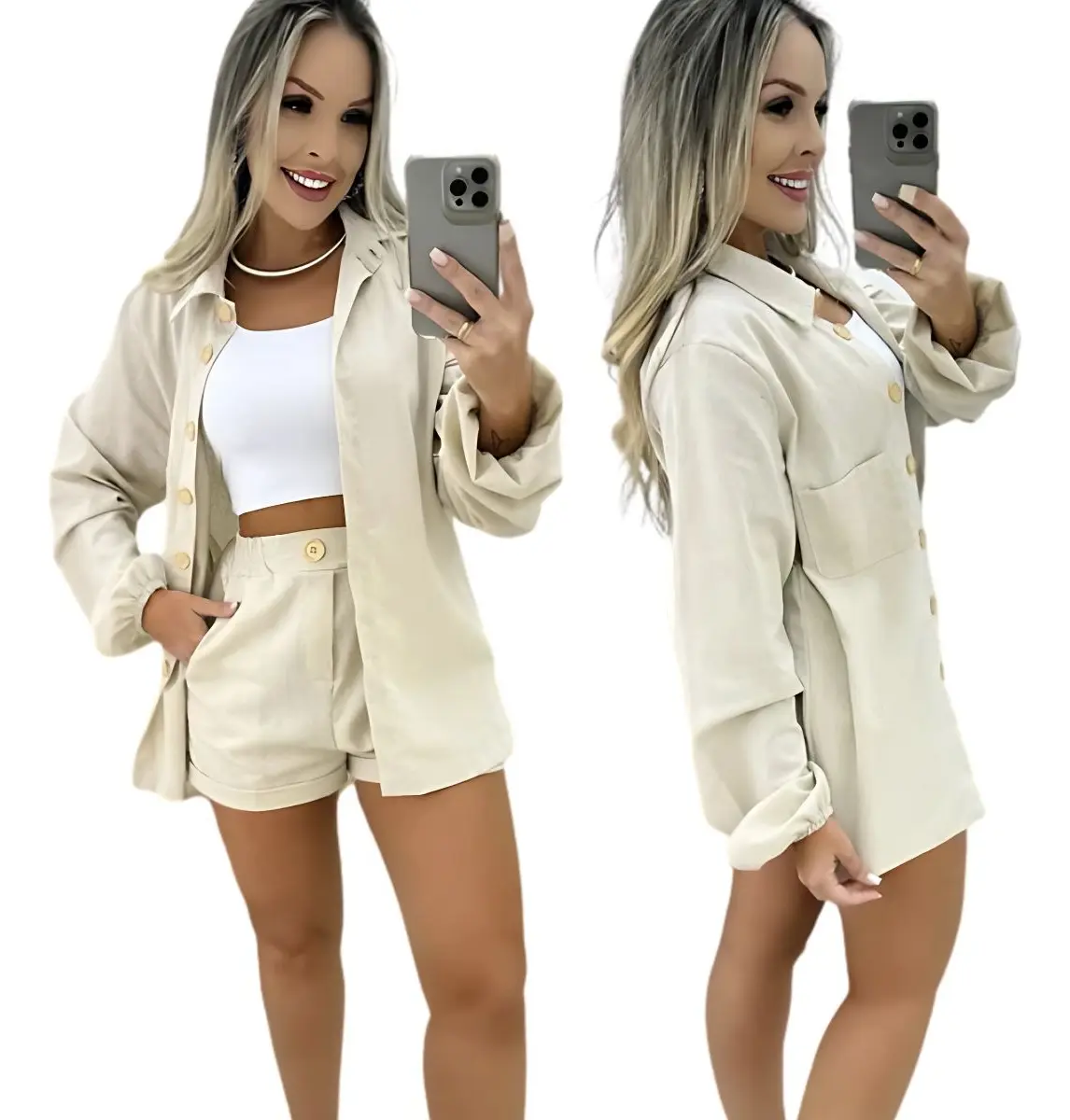 Modelo vestindo conjunto de linho bege em duas posições, frontal e lateral, sobre fundo branco