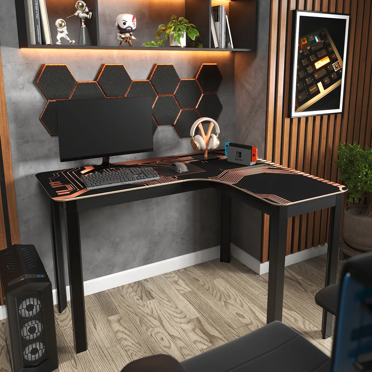 Mesa Em L Orgânica 120cm Com Bordas Arredondadas Design Gamer Com Tampo Circuit Futurista Para Home Office Geek Industrial Moderno Estação De Trabalho Angular Modelo: Legos Circuit