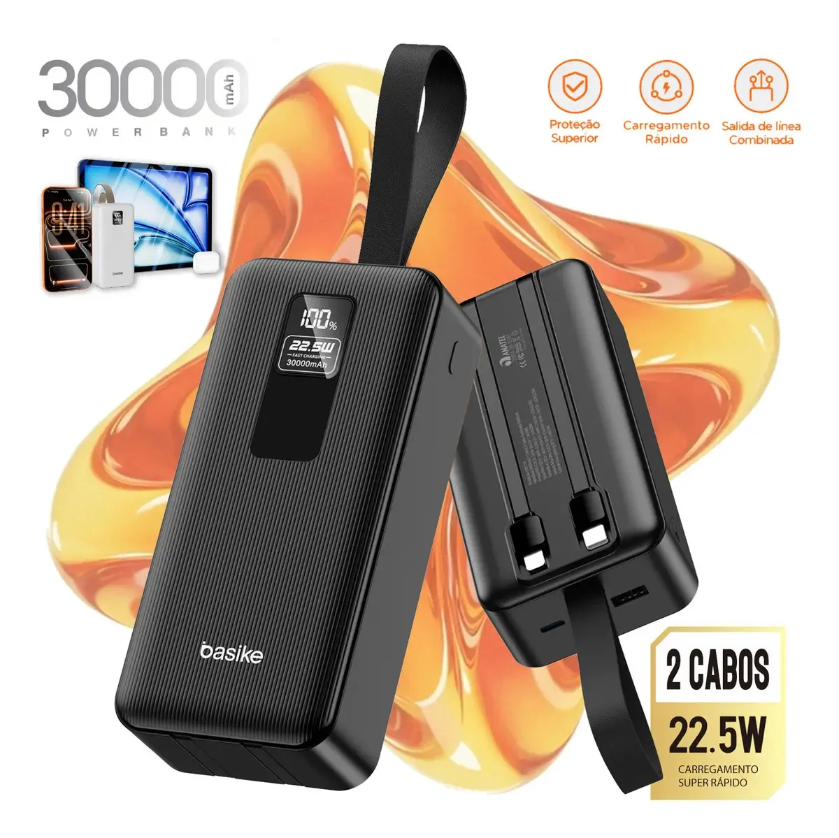 Power Bank KiNVO Turbo 2.0 de 30000 mAh com Cabo e Display Digital para Celular