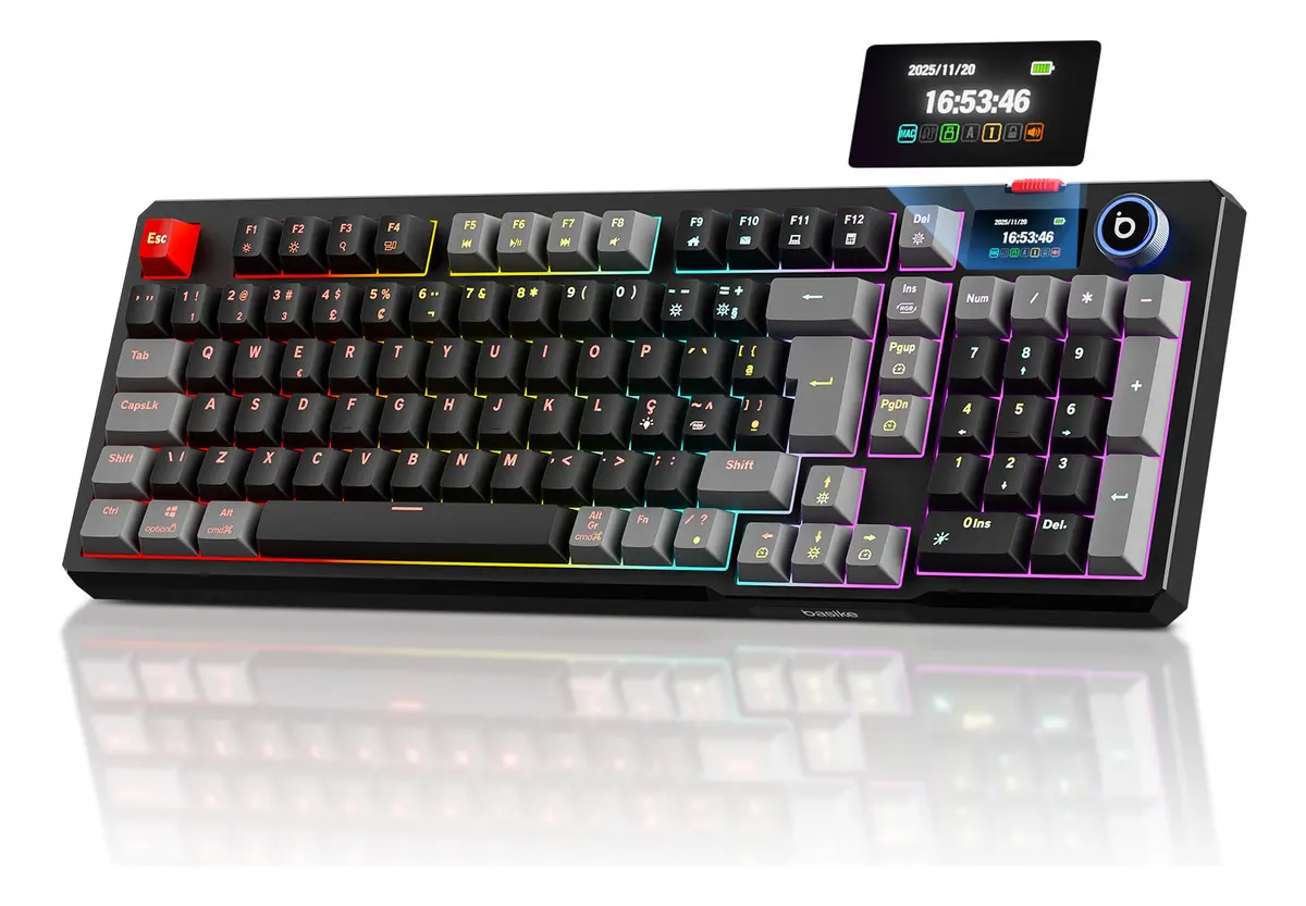 Teclado Mecânico Gamer Basike Sem Fio com Tela, RGB e Conexão Tri-Mode