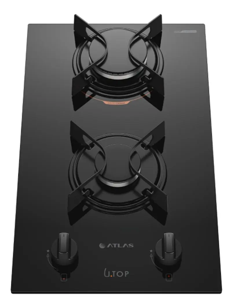 Cooktop 2 Bocas Atlas U Top com Mesa de Vidro a Gás Preto Bivolt
