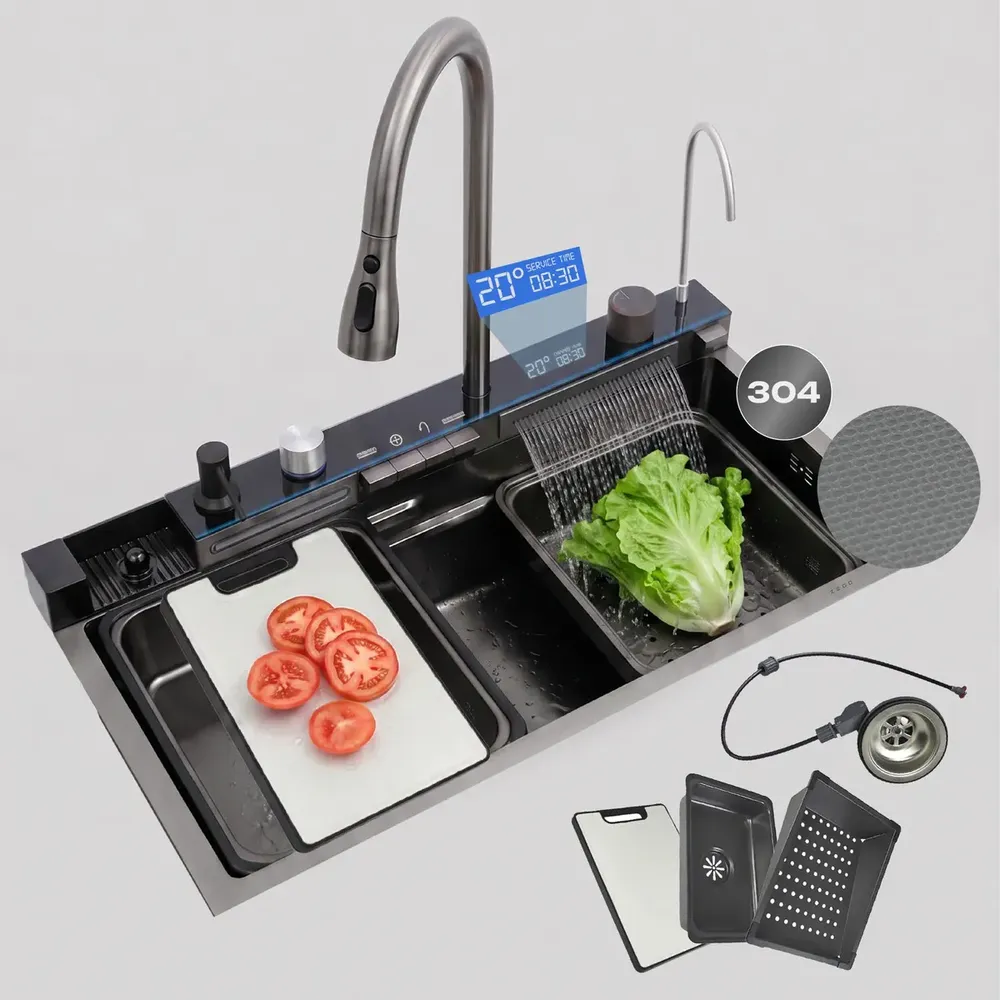 Bacha De Cocina Pvd Con Set Grifería Inteligente Acero Zego Acabado PVD Gris Ancho 45.8 cm Color Gris oscuro ZEGO0212 Espesor 3 mm Largo 74.95 cm Material Acero inoxidable Profundidad 21 cm