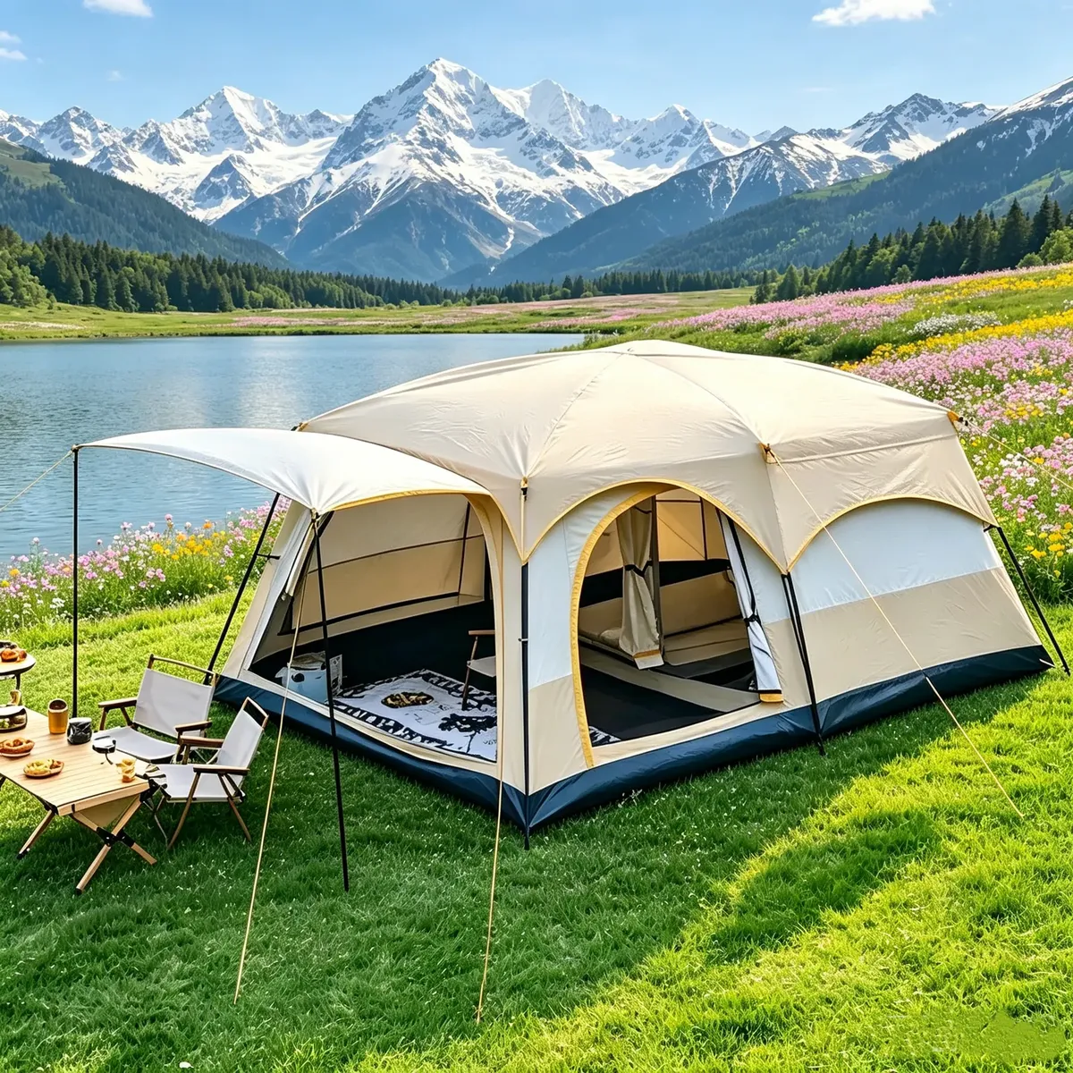 Barraca Camping Acampamento 8-12 Pessoas Grande Altura:1,95m Bege Comprimento Largura Altura 380 260 195 Cm3