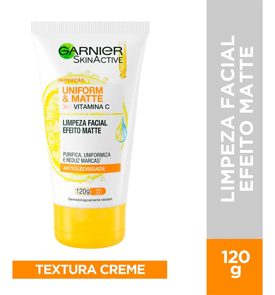 Produto Garnier SkinActive Uniform & Matte com destaque lateral para o peso de 120g e indicação de textura em creme.