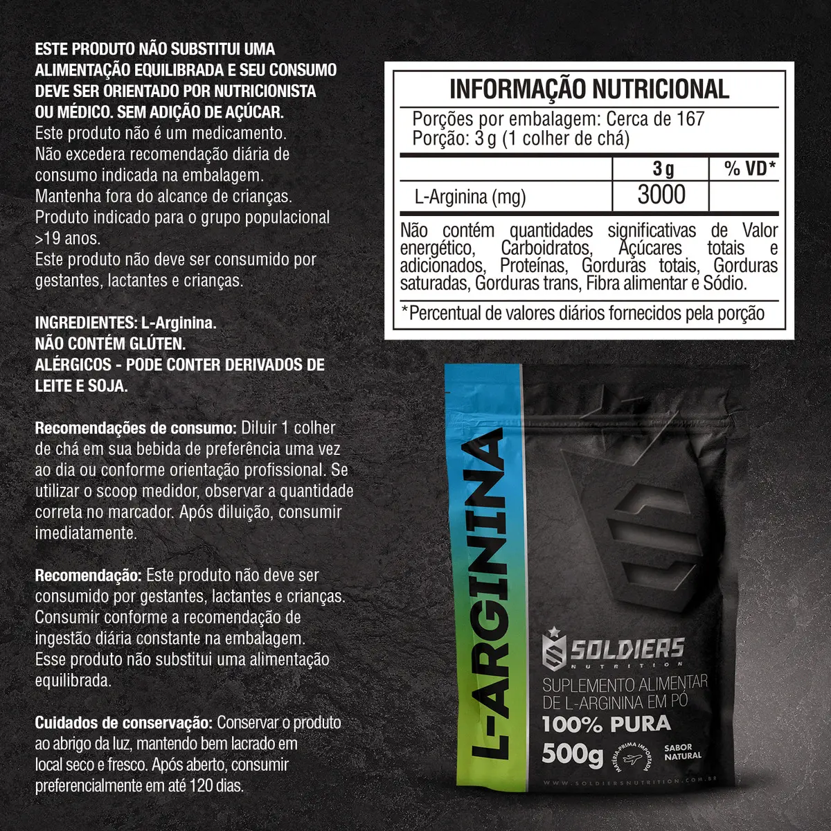 Arginina Em Pó 500g 100% Pura Soldiers Nutrition Performance e Recuperação Muscular — foto 2