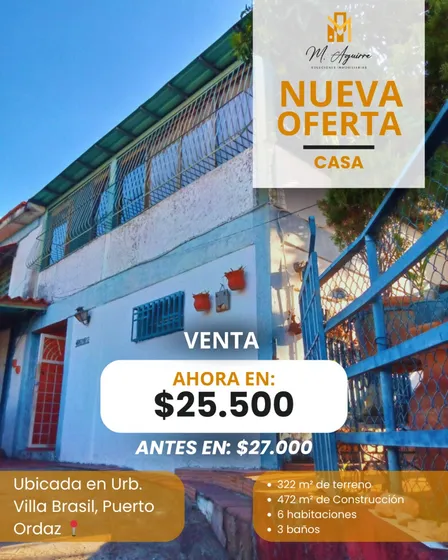 Casa En Venta De Dos Plantas, Urb. Villa Brasil, Puerto Ordaz (pl)
