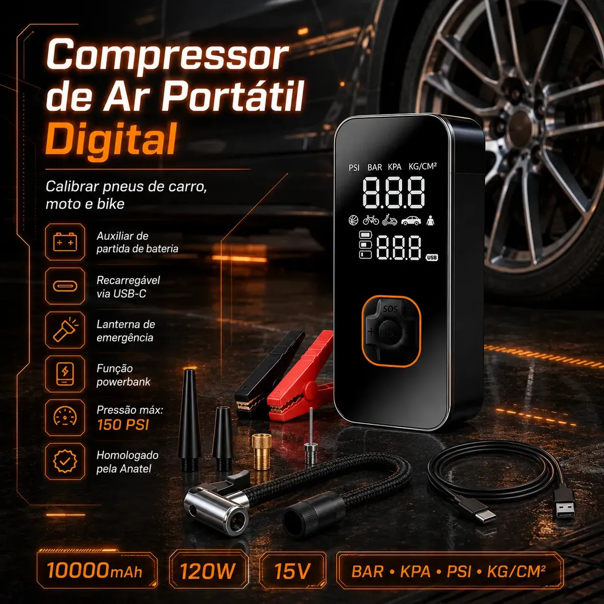 Auxiliar de Partida de Bateria Veicular Portátil Com Compressor de Ar Para Carro e Moto
