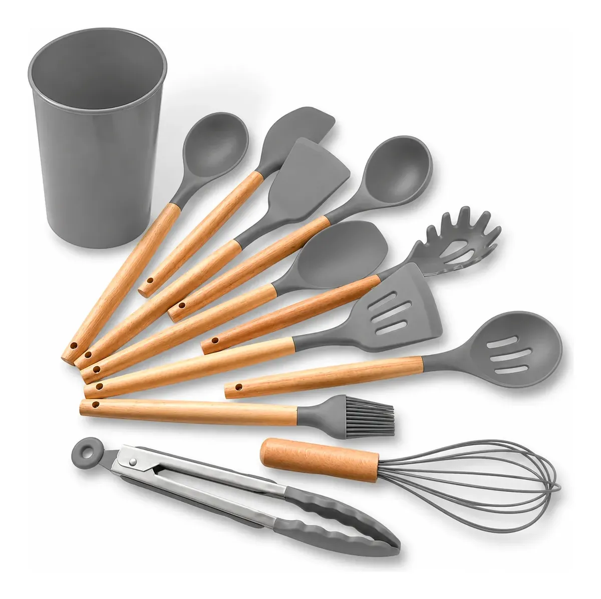 Conjunto 12 Utensílios Silicone Escumadeira Cozinha Cinza