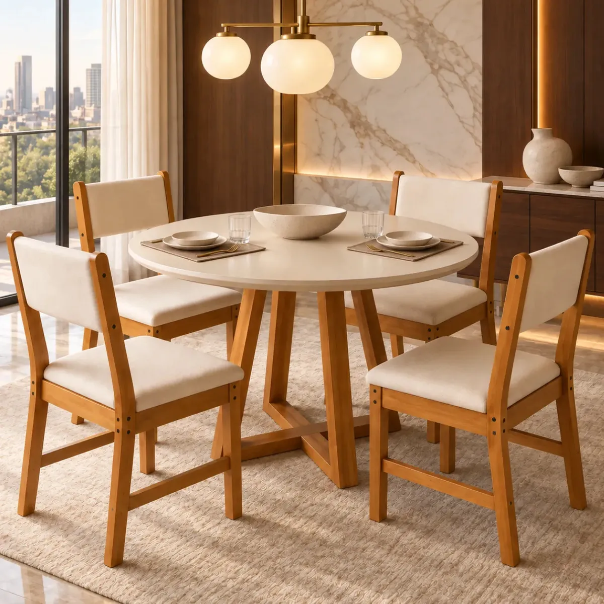 Sala de Jantar Mesa Redonda Valentina Off White Nature com 4 Cadeiras Lugano Freijó Marfim Estofadas Suede Sala Cozinha Moderna
