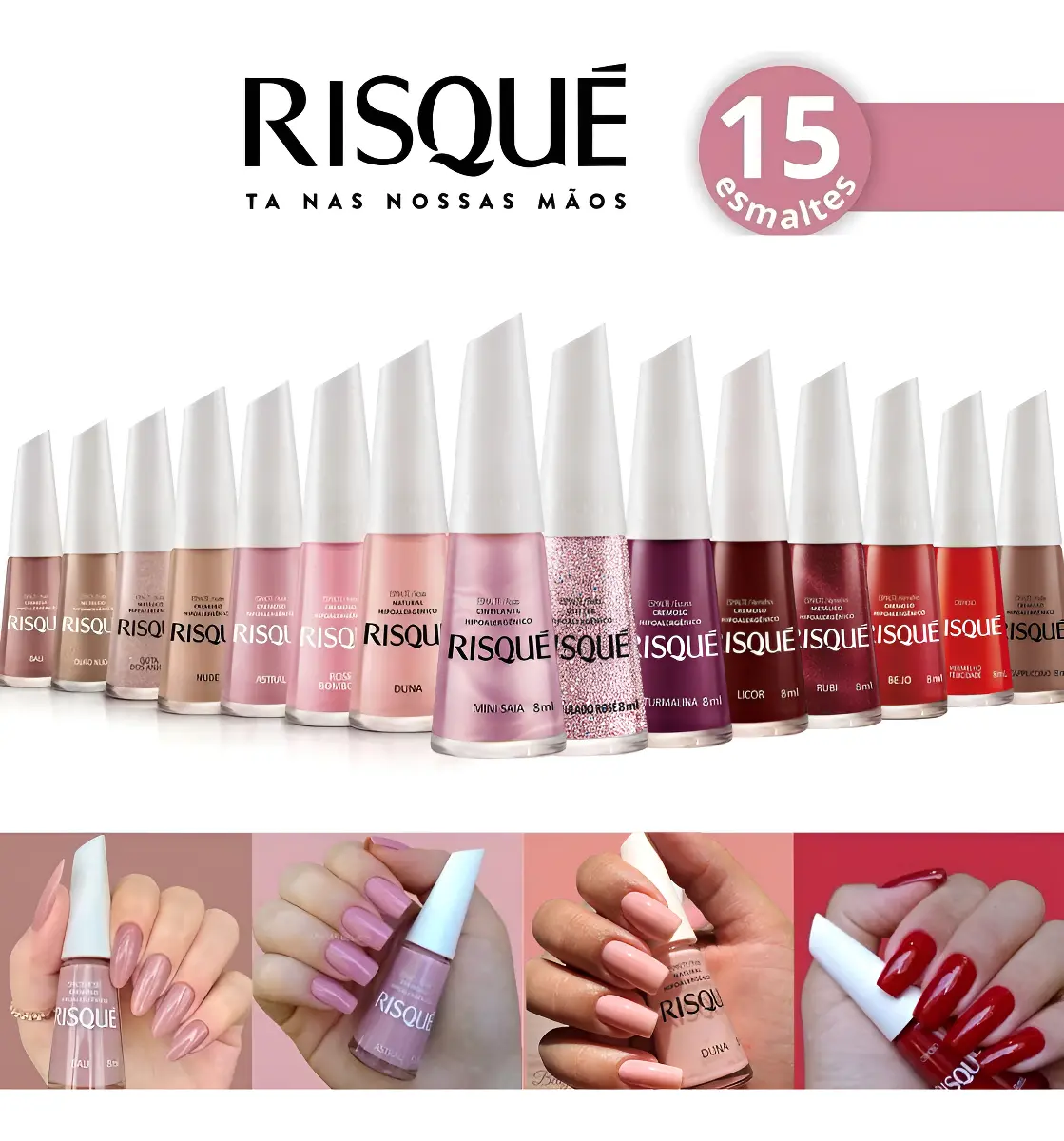 Risqué Kit Com 15 Esmaltes Novo Hipoalergênicos Atacado 8ml Variadas
