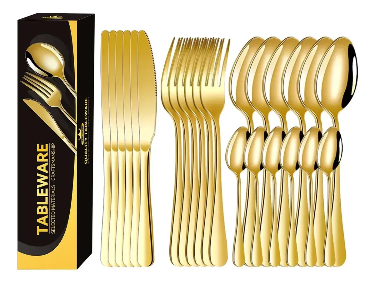 Kit Faqueiro Dourado Luxo Jogo Talheres Inox 24pçs + Maleta