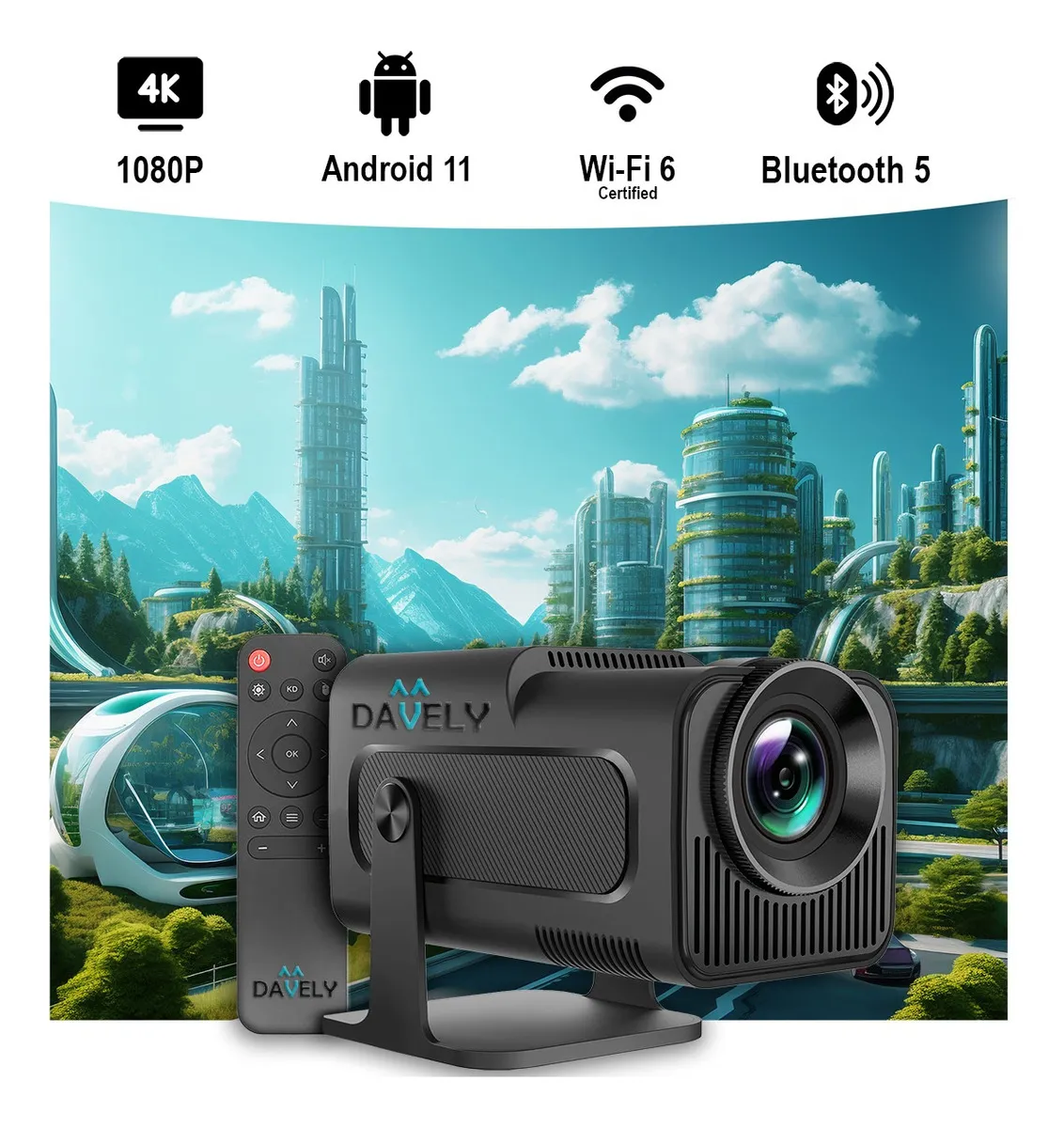 Projetor Hy320 Smart Tv Mini Wifi6 390ansi Android Cor Preto Davely
