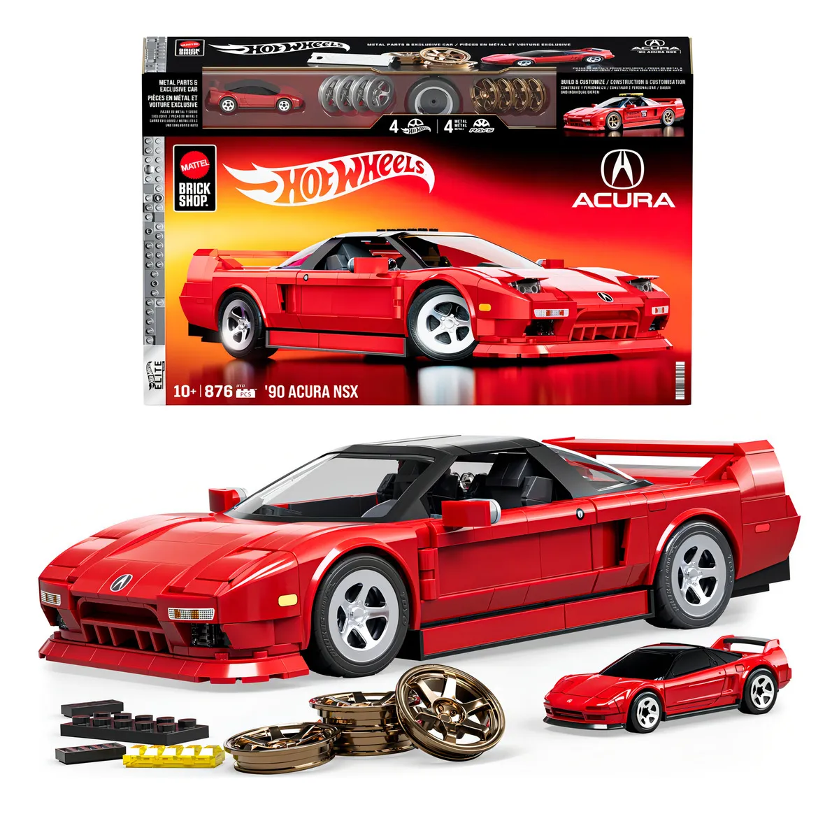 Caixa do conjunto Hot Wheels Brick Shop 90 Acura NSX exibindo o carro montado em fundo vermelho