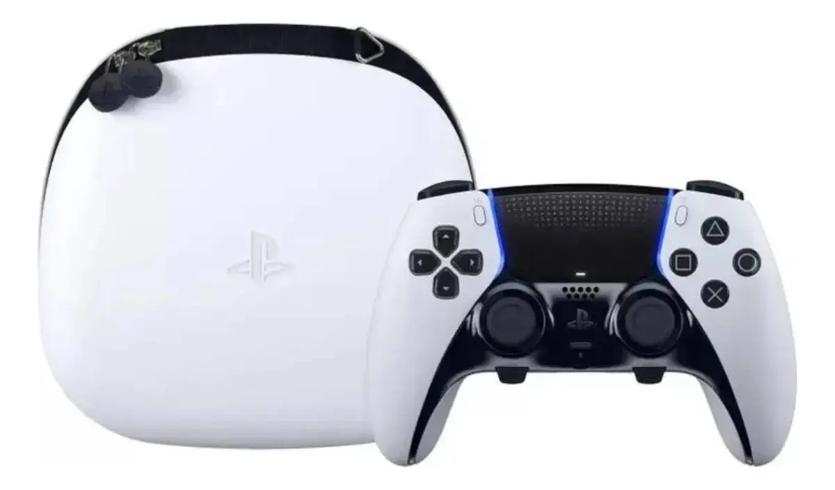 Controle de videogame PlayStation DualSense branco e preto com bolsa