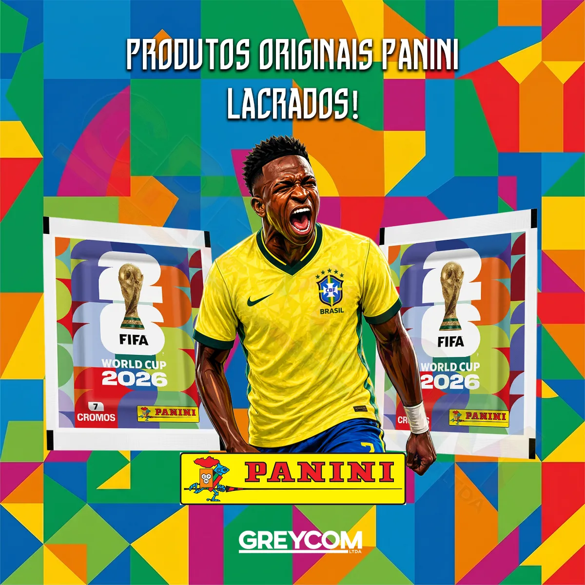 Banner promocional com jogador de futebol e dois pacotes de figurinhas da Copa do Mundo 2026 da Panini