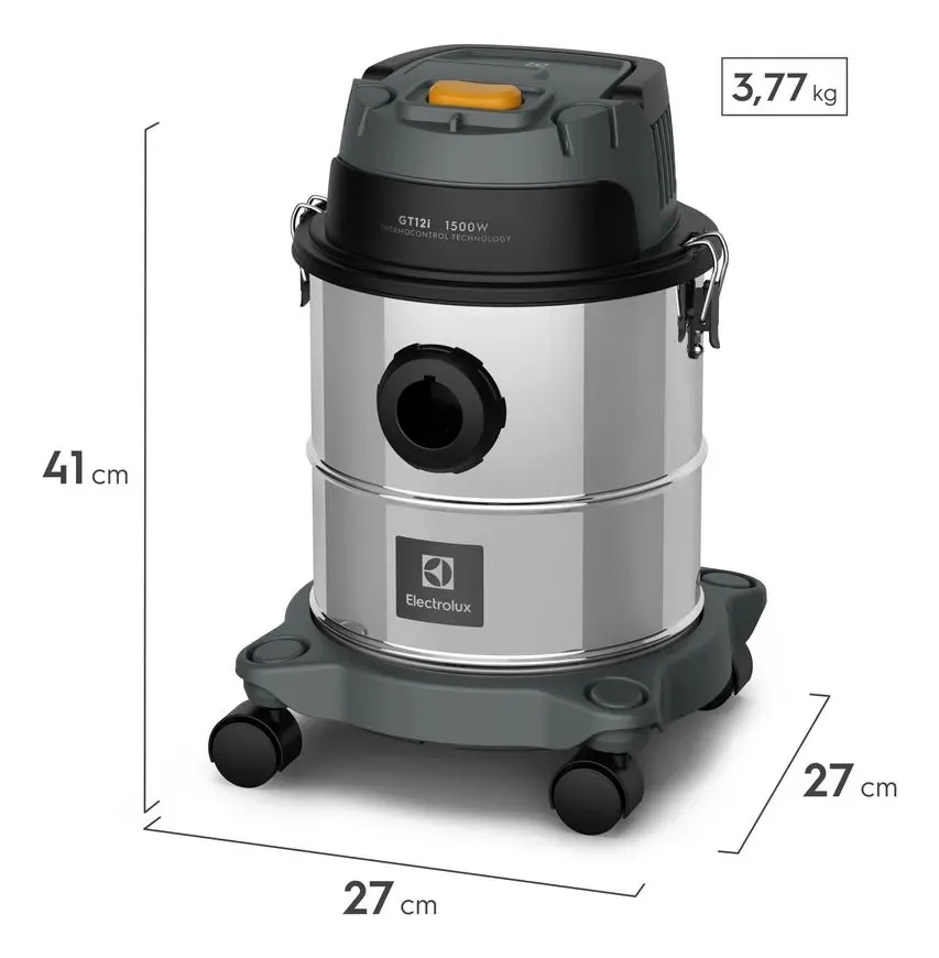 Vista lateral do aspirador Electrolux GT12i com indicação de medidas de 41cm de altura e 27cm de largura, pesando 3,77kg