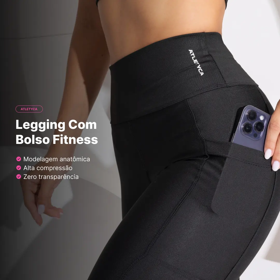 Legging preta com bolso lateral para celular e detalhes de alta compressão