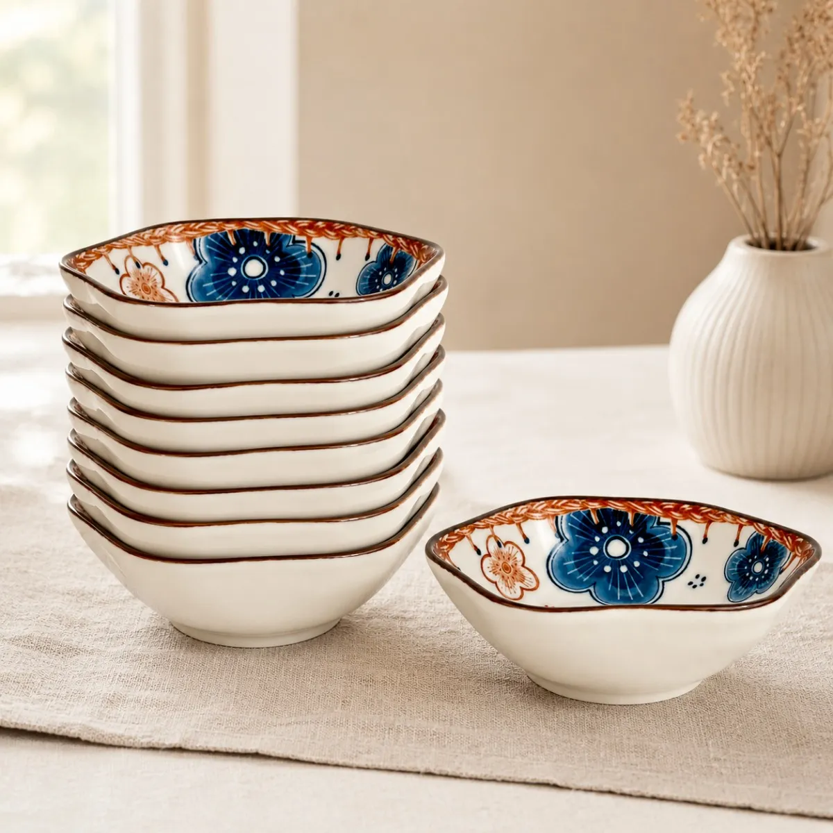 Kit 10 Bowls De Cerâmica Tigelas Shoyu  Floral Petiscos