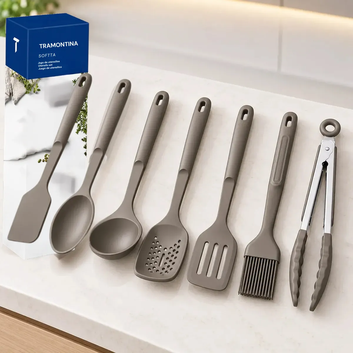 Kit Utensílios Silicone Tramontina Softta 7 Peças Cinza