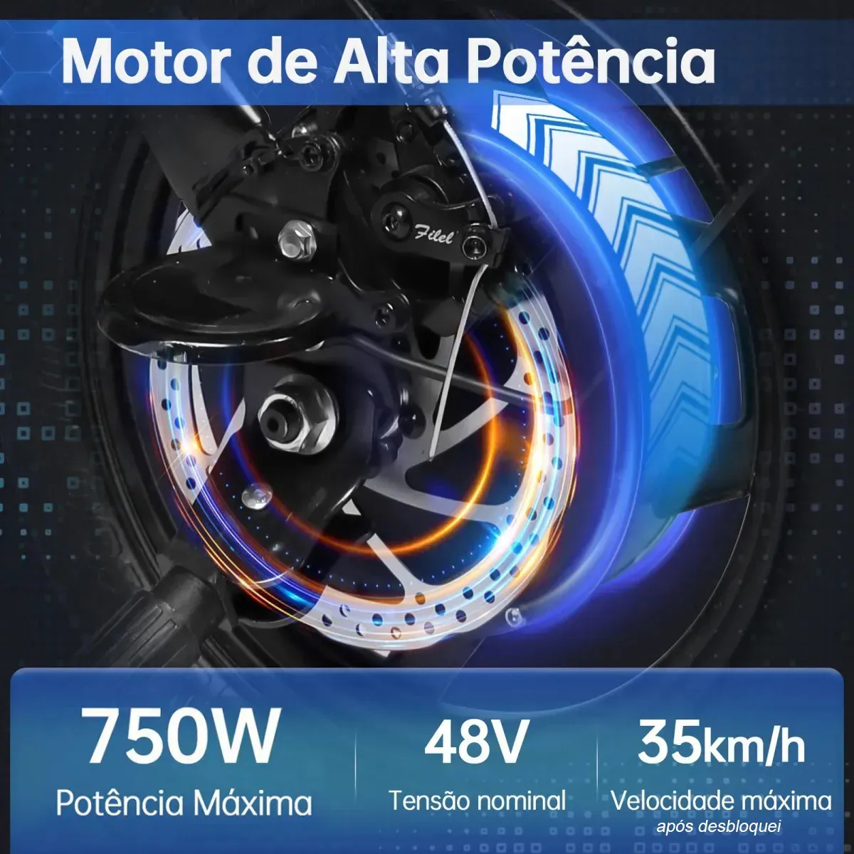 Detalhe do motor elétrico da bicicleta Honeywhale com indicação de 750W e 35km/h