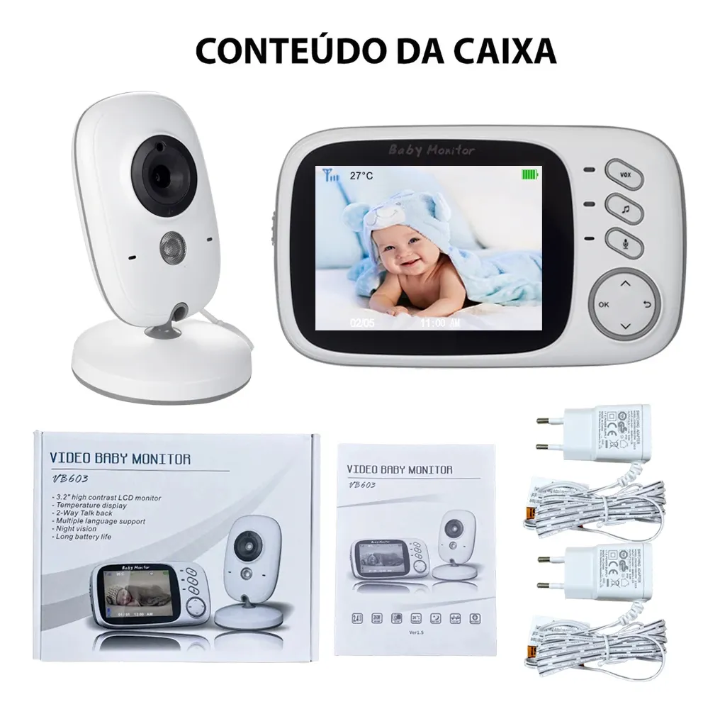 Baba Eletrônica Baby Monitor Vb603 Visão Noturna Dual Audio Cor Branco