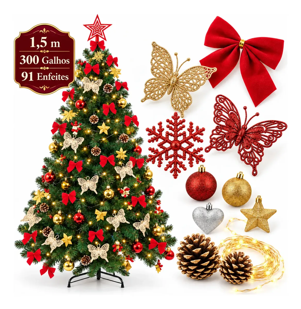 Árvore De Natal Decorada 1,5m Pinheiro Cheia 150cm Enfeitada