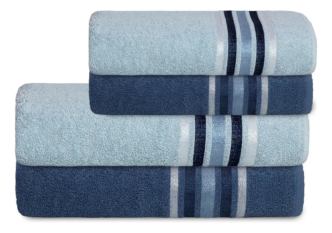 Conjunto de 4 toalhas Camesa Spin empilhadas, variando entre tons de azul claro e azul marinho, com detalhes de faixas decorativas.