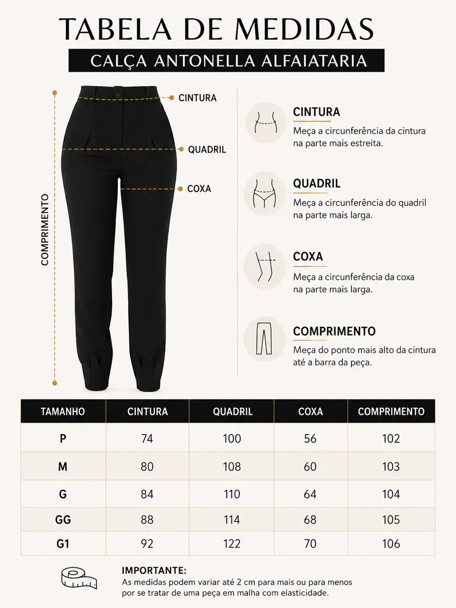 Tabela de medidas para a Calça Antonella Alfaiataria (na cor preta), detalhando cintura, quadril, coxa e comprimento para tamanhos P, M, G, GG e G1, com instruções de medição.