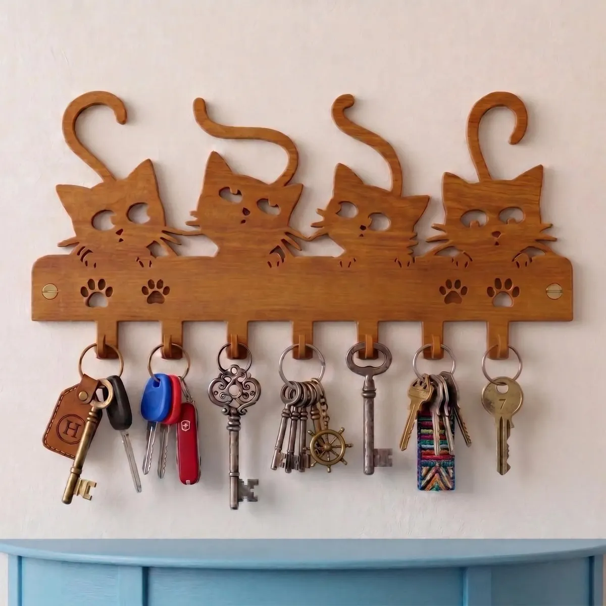 Porta-chaves de gatinhos em MDF caramelo com chaves penduradas