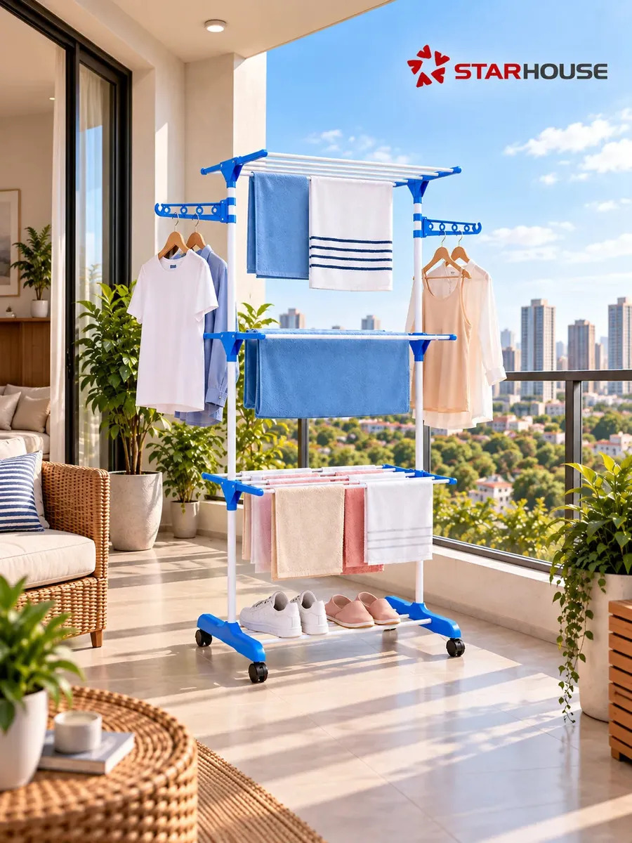 Varal Dobrável De Chão Vertical 3 Andares De Roupas Grande Com Rodinha Resistente Até 40kg Durável Starhouse Azul