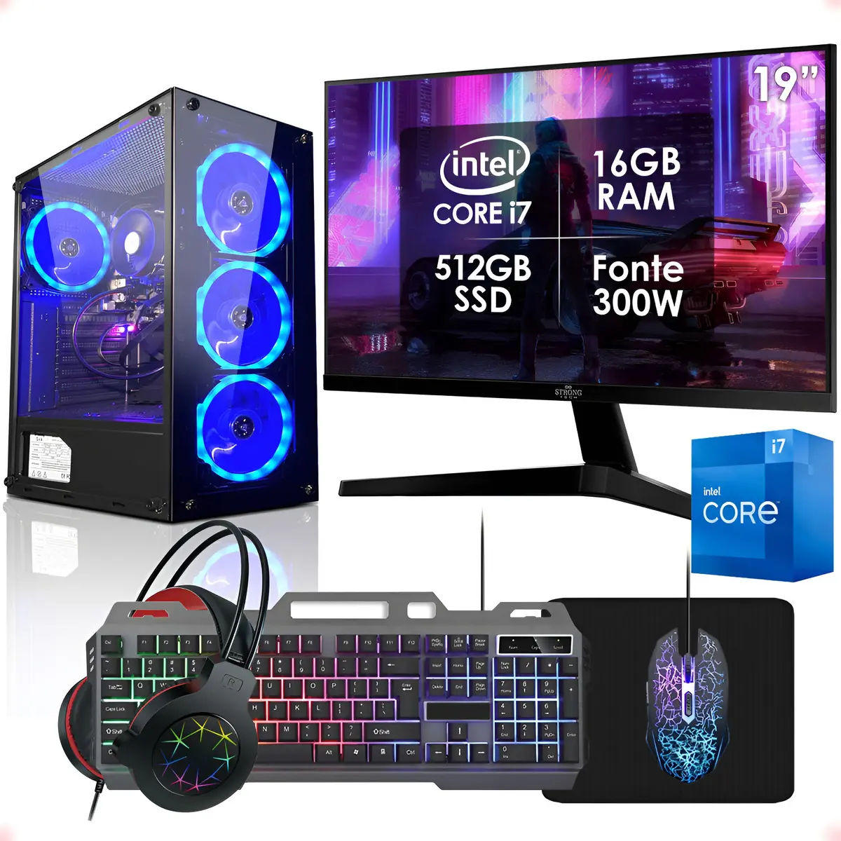 Computador Gamer Intel Core i7 16GB SSD 512GB Monitor 19" Kit Strong Tech
