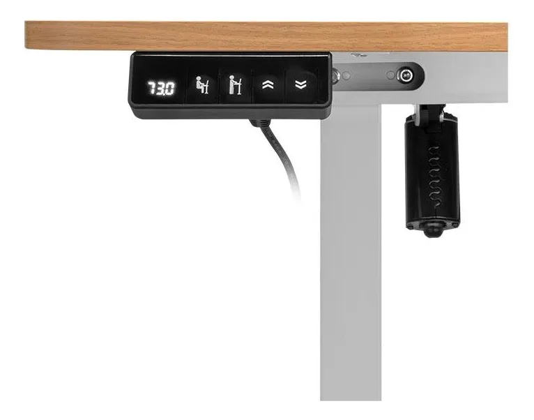 Painel de controle digital da mesa Zinnia Astera com indicadores de altura e botões de ajuste