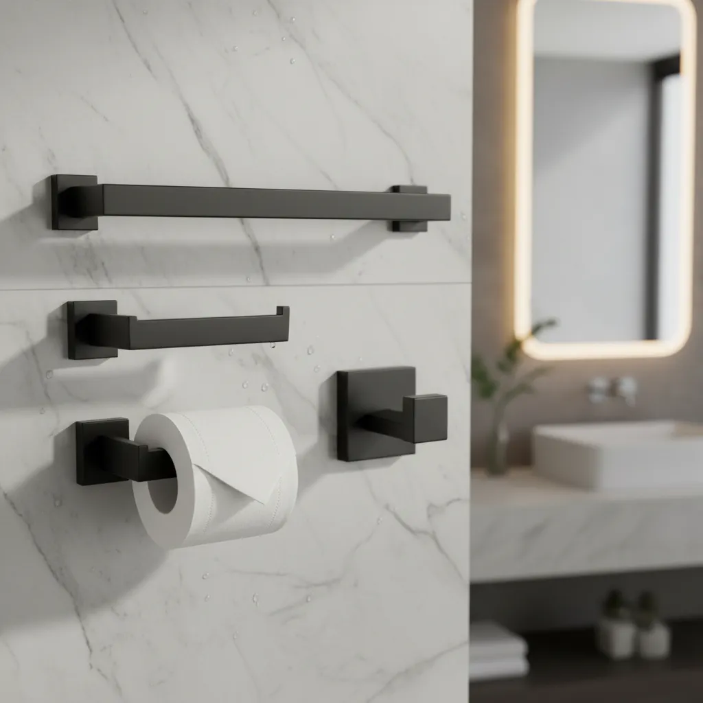 Kit Acessórios Banheiro Preto Inox 4 Peças Quadrado Premium Preto