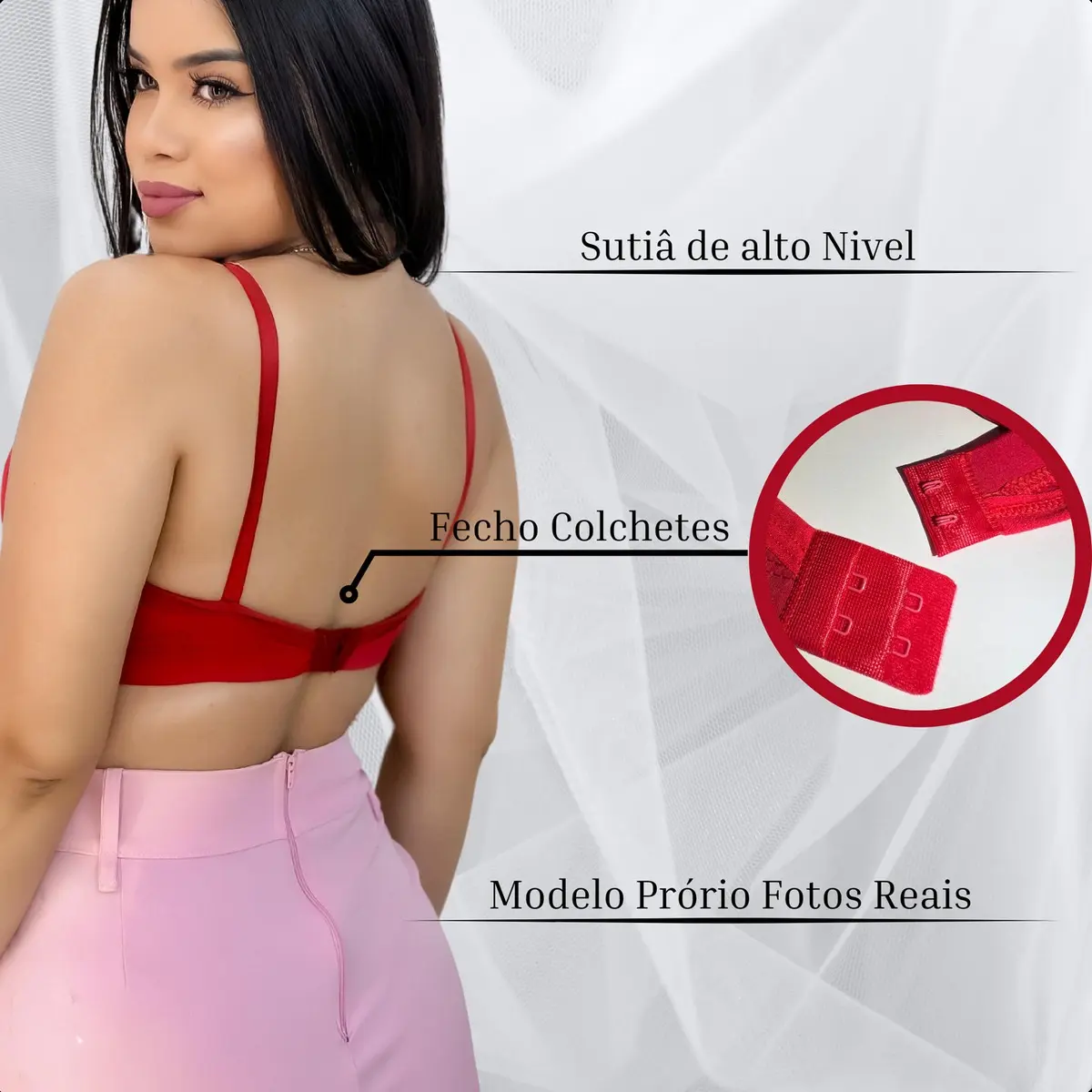 Vista traseira de modelo vestindo sutiã vermelho destacando o fecho de colchetes