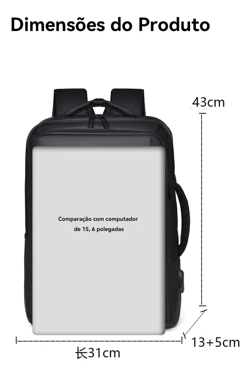 Diagrama mostrando as medidas da mochila com espaço para notebook de 15,6 polegadas