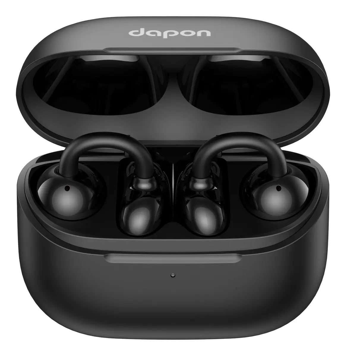 Estojo de carregamento preto do Dapon Dpf25 Open Ear aberto, com os dois fones de ouvido pretos encaixados e prontos para carregar.