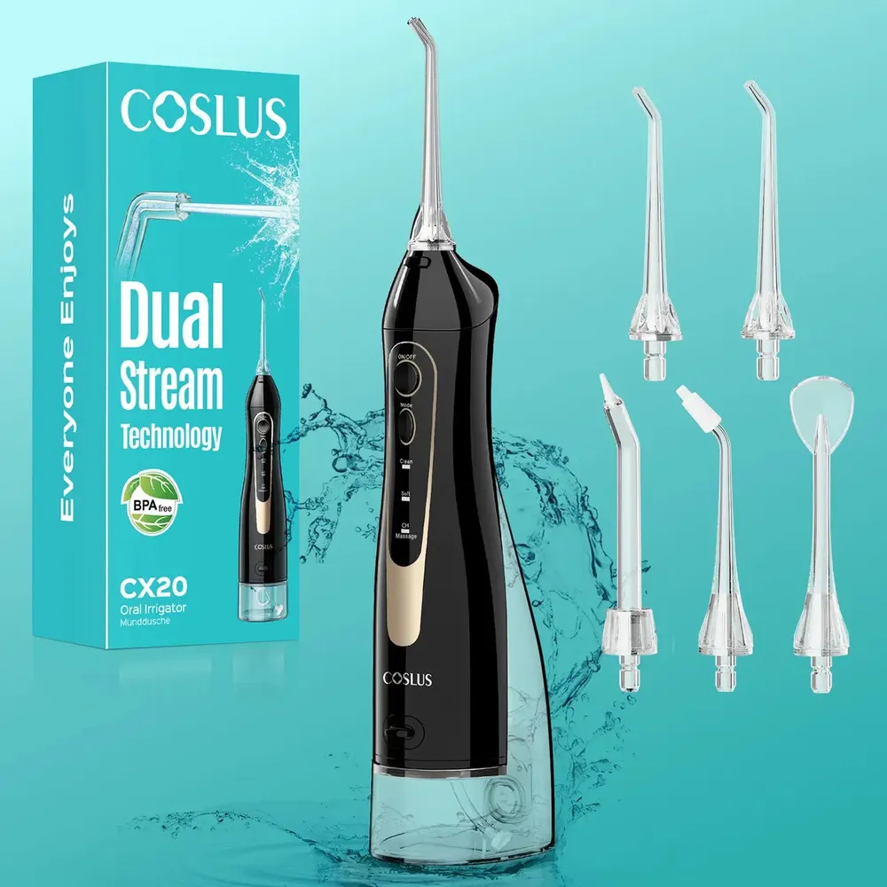 Coslus Irrigador Bucal Portatil Limpiador Dental Profesional 4 Modos 5 Niveles 4 Boquillas Impermeable Ipx7 Limpieza Oral Profunda Protesis Limpiador De Lengua Caja De Regalo 2 Anos Garantia Bivolt