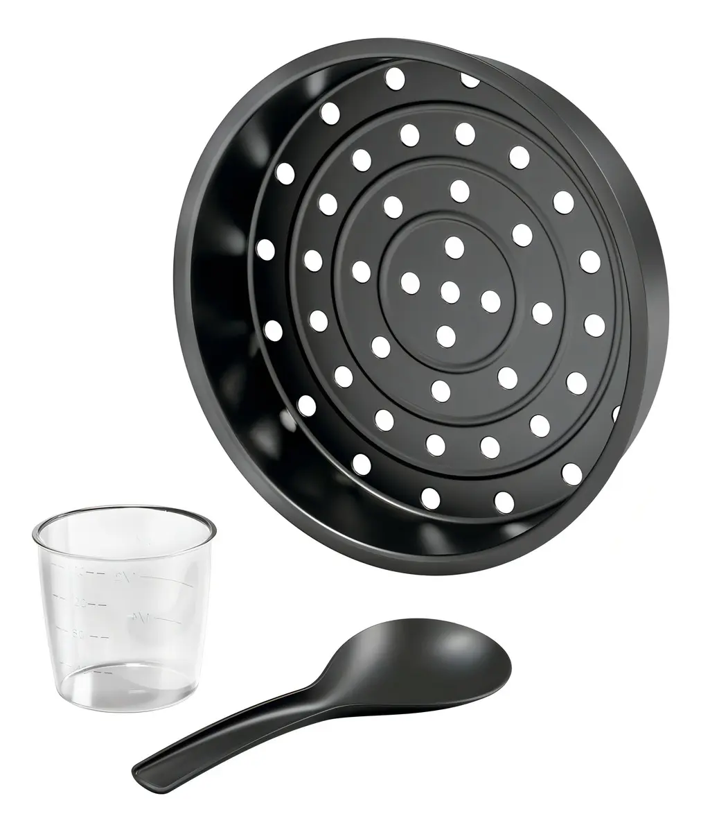 Acessórios inclusos: bandeja de vapor, copo medidor e colher de arroz preta