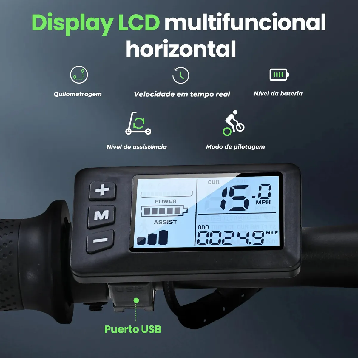 Close-up do display LCD multifuncional horizontal da bicicleta Xroymexroy Eb1s, mostrando velocidade, nível de bateria, quilometragem e modo de pilotagem, com porta USB.