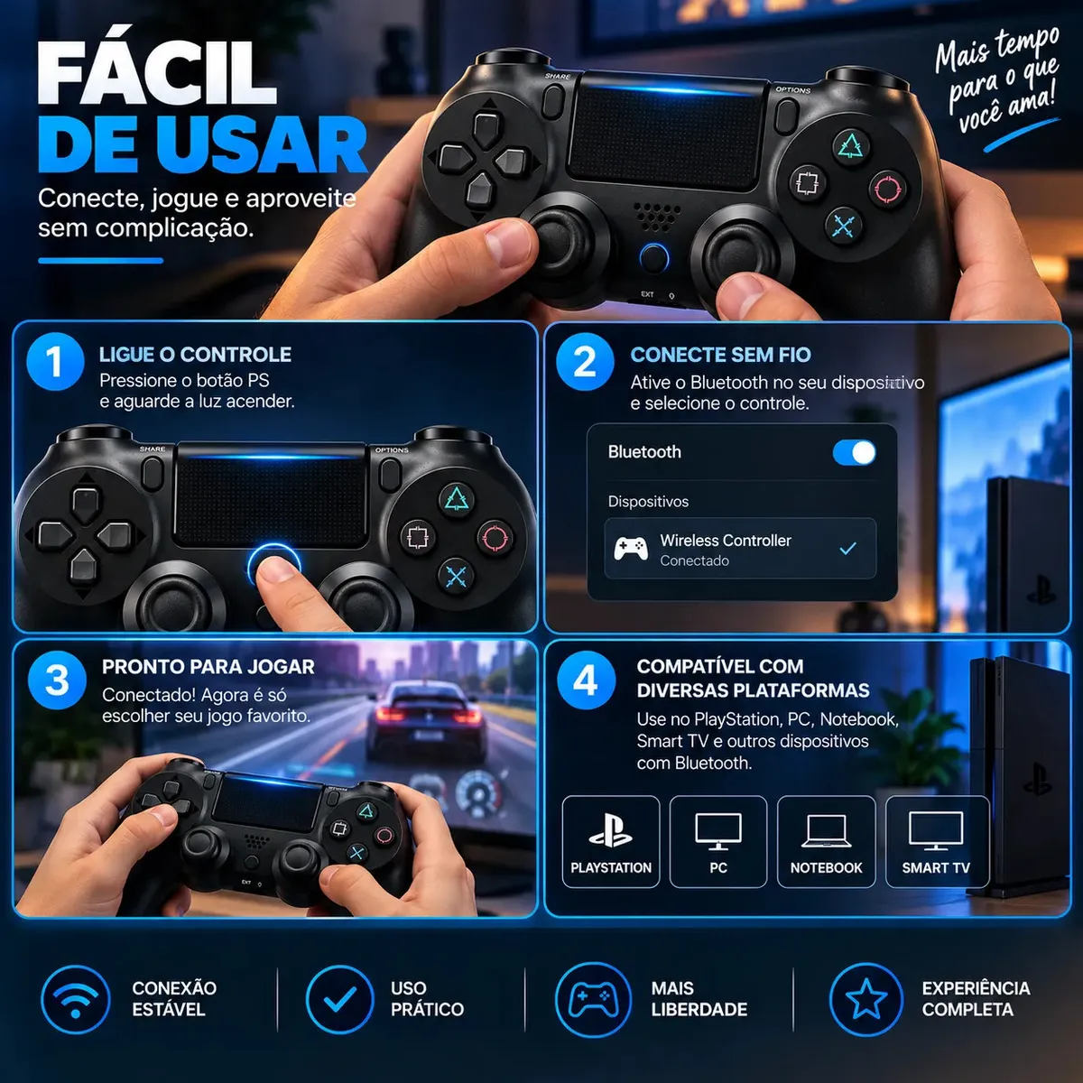 Controle Sem Fio Joystick Genérico Bluetooth Compatível Para Ps4 Videogame Tv Samsung Pc P4 Ps 4 Manete Pc Gamer Tv Smart Controle Bluetooth Celular Headset Sem Fio Com P2 Marca B Basto — imagem 4