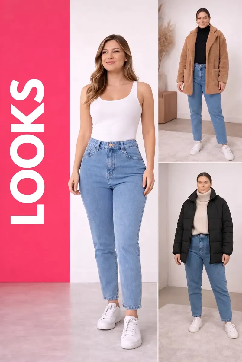 Painel "LOOKS" com uma mulher em calça jeans mom Stillger clara e camiseta branca, e duas opções de look de inverno com a mesma calça.