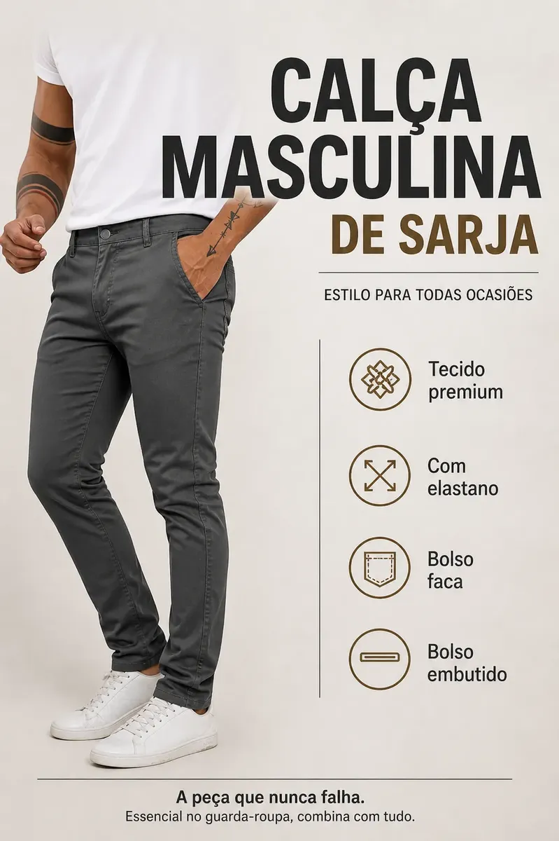Infográfico promocional da calça de sarja masculina com ícones de benefícios