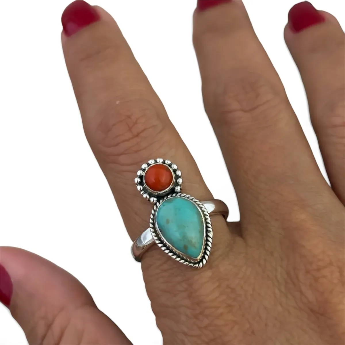 Anel De Prata Tibetano Gota Turquesa E Coral