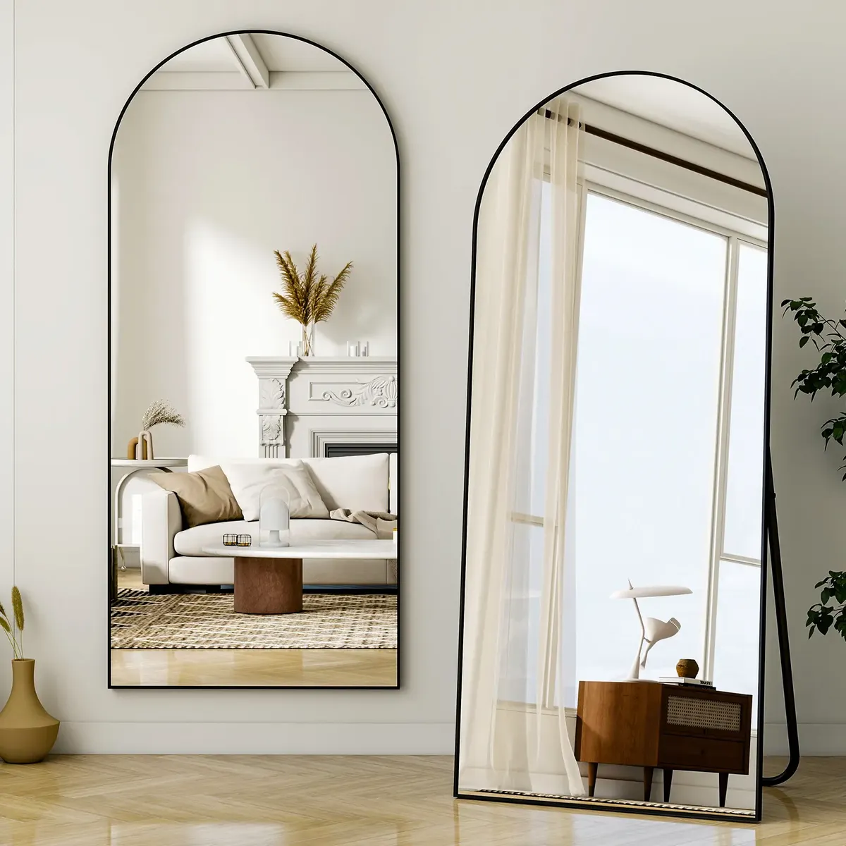 Espelho Oval Base Reta Arco Chão Parede Dourado 150x40cm