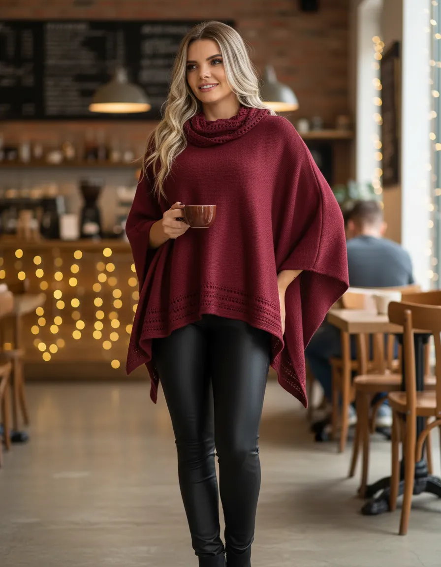 Casaco Poncho Feminino em Tricot com Gola Alta e Botão