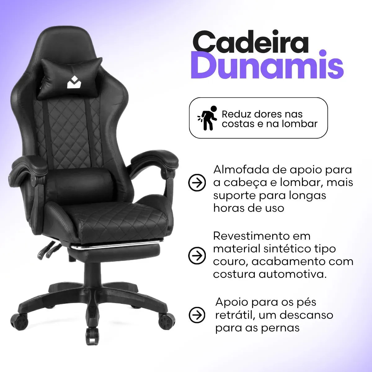 Cadeira De Escritorio Gamer Ergonômica Dunamis Preta Marqs Home Reclinável 180kg Resistente Giratória Confortavel Computador Preto Courino Sintético