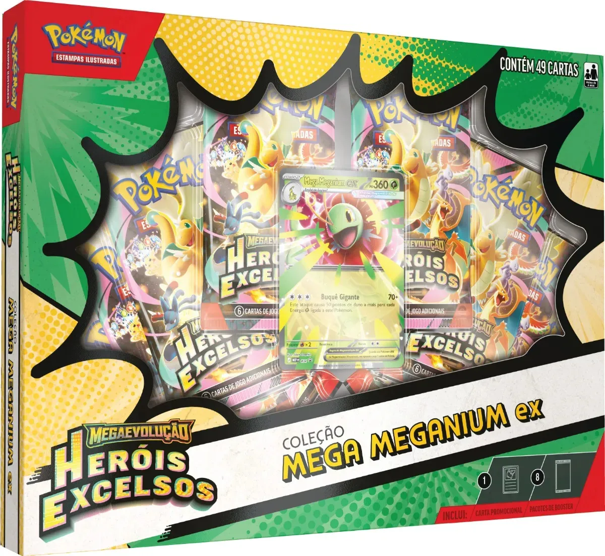 Vista frontal detalhada da embalagem da coleção Pokémon TCG Mega Meganium ex Heróis Excelsos, mostrando as ilustrações dos boosters e a carta centralizada.