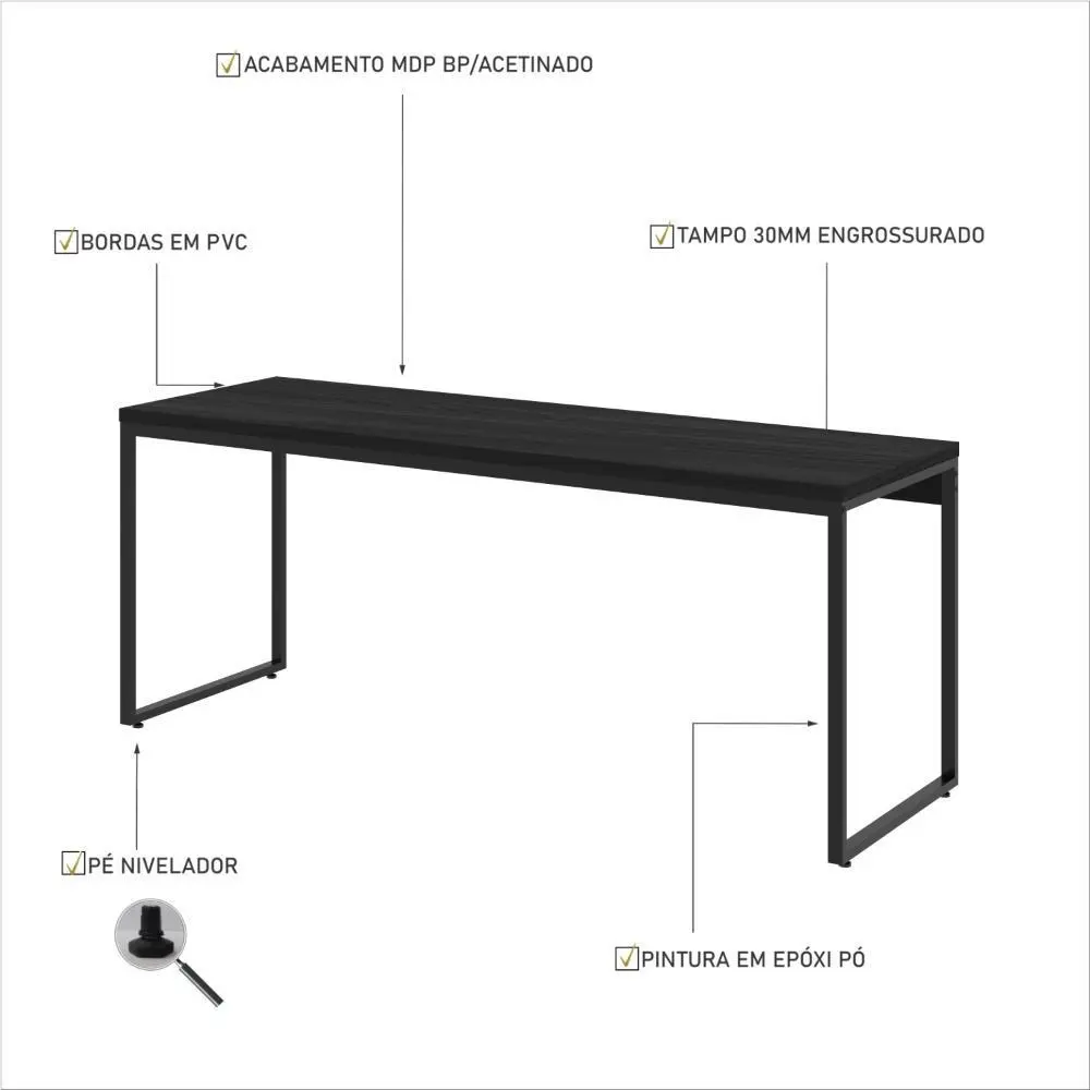 Infográfico detalhando materiais da mesa como tampo de 30mm e pintura epóxi